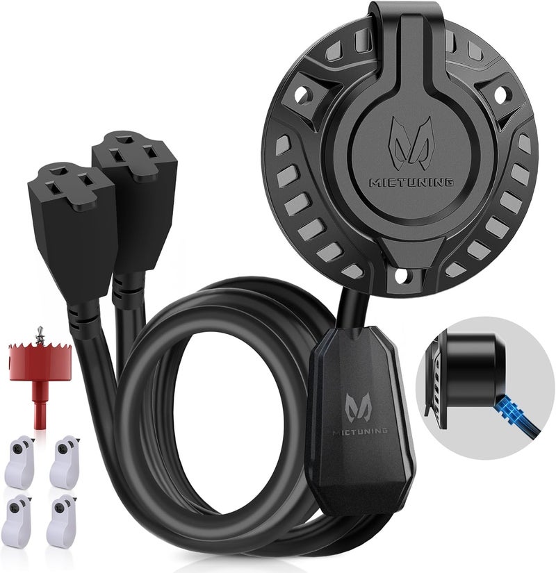 MICTUNING 15A 250V AC Port Plug, 20'' Dual Extension Cord, 12 AWG RV Power Inlet Outlet Socket-Low Port, Heavy-Duty Shore Y Splitter Cable Waterproof Outdoor Electrical Receptacle, with Hole Saw - Image 1